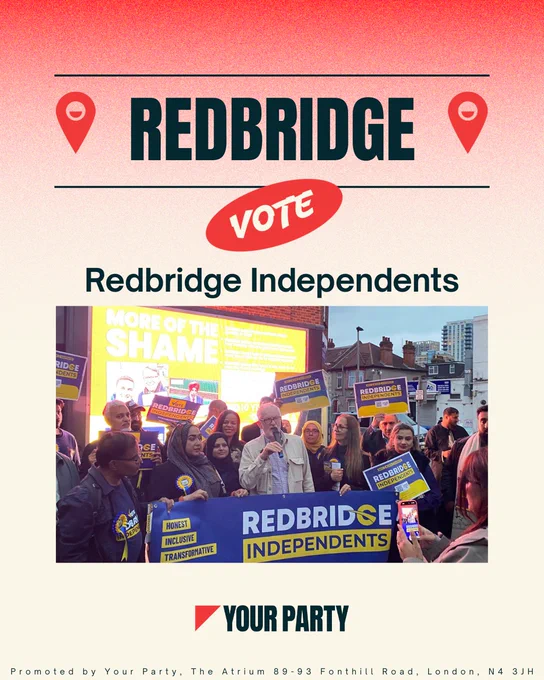 Vote Redbridge Independents graphic with image of Jeremy Corbyn at RI rally