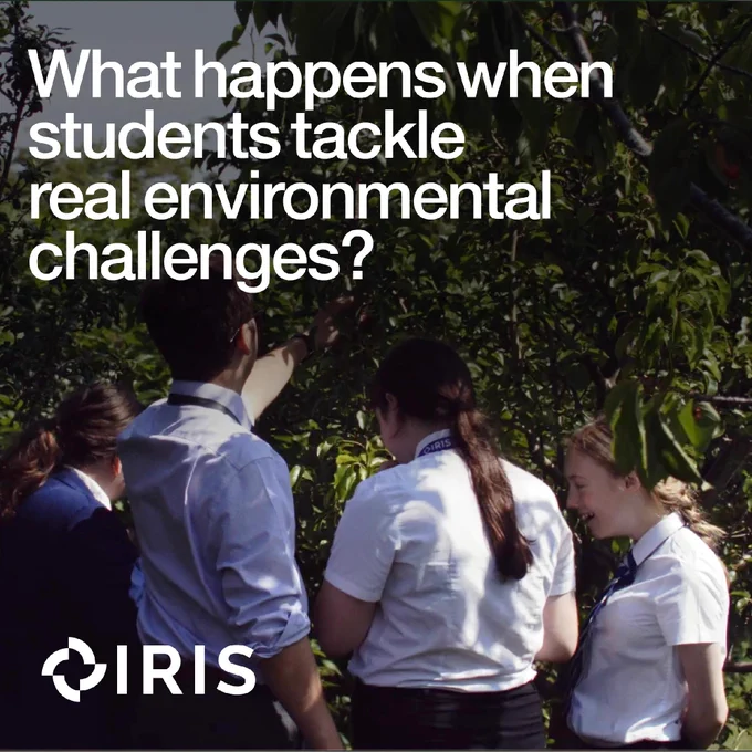 Image of 4 students inspecting a tree, with text overlayed: 'What happens when students tackle real environmental challenges?'