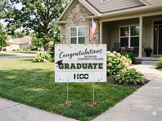 A congratulatory yard sign for a Haywood Community College graduate is placed in front of a suburban house. The sign features festive decorations and the college logo. An American flag is displayed on the porch.
