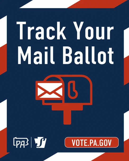 Red, white, and blue stripled border. Illustration of letter in mailbox. text: Track Your Mail Ballot. vote.pa.gov.