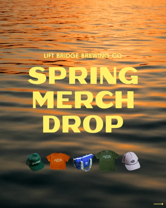 A vibrant imagery promoting Lift Bridge Brewing Co's spring merchandise collection. The background features sunset-lit water, adding a warm tone.