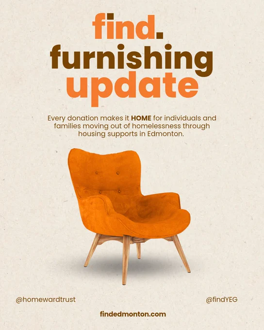 Find furnishing update Orange chair in middle of Pic. Every donation makes it HOME for someone moving out of homelessness through housing supports in Edmonton. @findyeg, @homewardtrust findedmonton.com