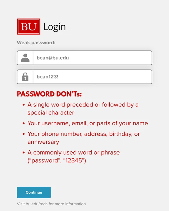 BU Login page with a 'Weak password' warning. The username field contains 'bean@bu.edu', and the password field shows 'bean123!'. Below are password guidelines.