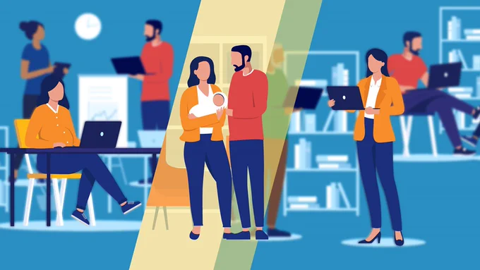 An illustration depicting several people in an office setting. One person is seated at a desk with a laptop, another is presenting data on a chart, and two are engaged in conversation, one holding a baby. Bookshelves are in the background, and a clock indicates time.