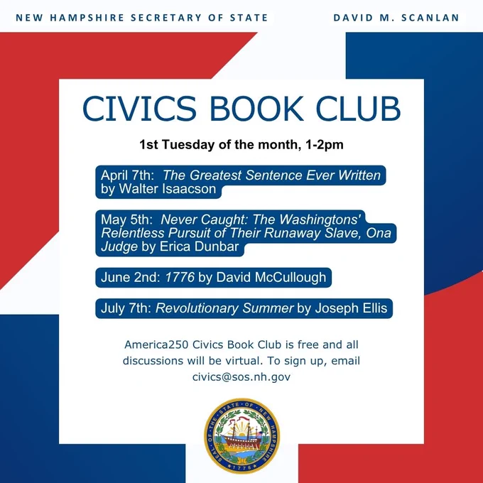 Blue, red and white graphic with New Hampshire state seal that lists the books up for discussion during the civics book club. 