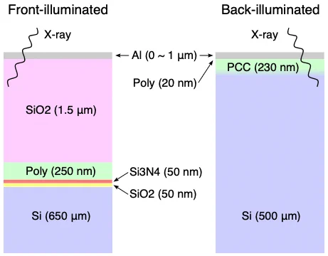 Schematics of the skipper-CCD surface cross sections implemented
in the Geant4 simulations.  From Botti etal (2026).