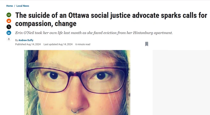 Erin O'neil or Veganlovebunny from Twitter's death mentioned in the Ottawa paper link incl in post.