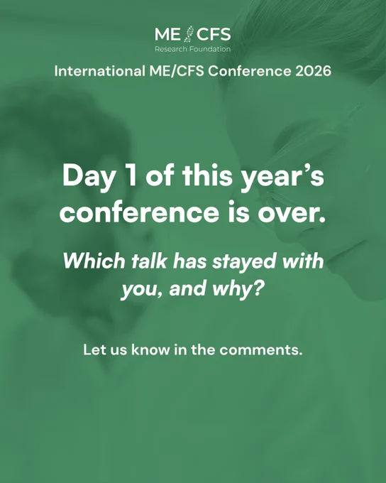 Das Bild zeigt das Logo und den Titel der Internationalen ME/CFS-Konferenz 2026 auf einem grünen Hintergrund.