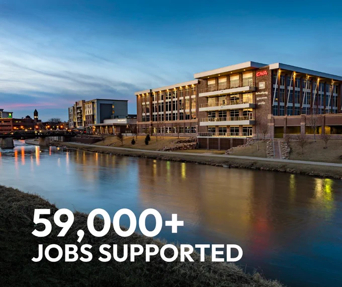 A scenic evening view of the CNA building by a riverside. The illuminated office building is reflected in the water, with a backdrop of a clear blue sky. Text overlay reads: "59,000  Jobs Supported.