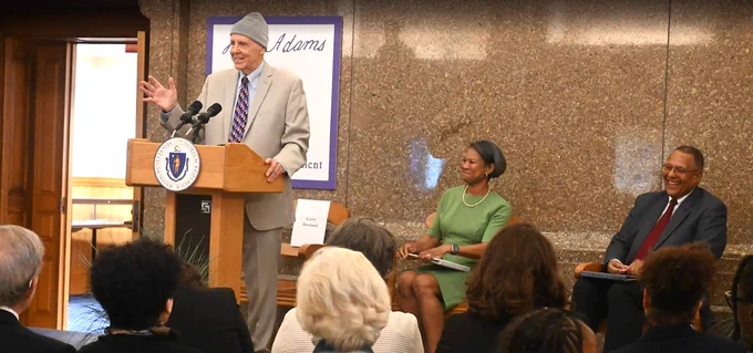  From left, Boston JYC Educational Director Howland (speaking), SJC Chief Justice Budd, and retired SJC Chief Justice Ireland.
