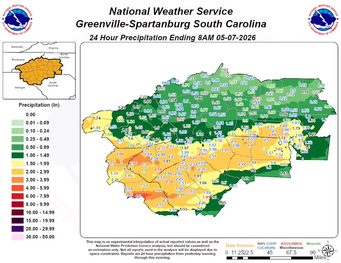 Graphic showing 24 hour rainfall totals across the western Carolinas and northeast Georgia from Wednesday, May 6, 2026 through Thursday, May 7, 2026. Rainfall amounts range from 0.20" to 1.75" across western North Carolina and 1.30" to 3.5" across the South Carolina Upstate and northeast Georgia.  Locally higher amounts up to 4.8" fell in Hart and Franklin counties in northeast Georgia. 
