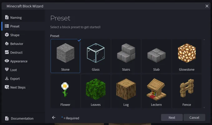 Screenshot of the preset screen in the Minecraft block wizard in Blockbench, showing the new presets for stairs, slabs, and fences.