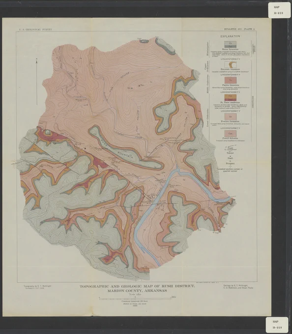 Topographic and geologic map of Rich District, Marion County, Arkansas, showing contour lines, rock formations, and water bodies in detailed color coding.