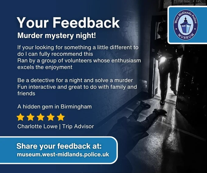 Murder mystery review stating: f your looking for something a little different to do I can fully recommend this Ran by a group of volunteers whose enthusiasm excels the enjoyment  Be a detective for a night and solve a murder Fun interactive and great to do with family and friends  A hidden gem in Birmingham