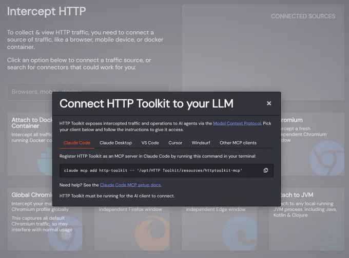 An HTTP Toolkit screenshot, showing a modal titled "Connect HTTP Toolkit to your LLM"