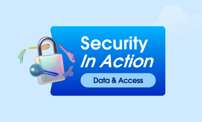 A digital illustration showing a large padlock surrounded by colorful floating keys on a gradient blue background. The text reads "Security In Action" with "Data & Access" below it.