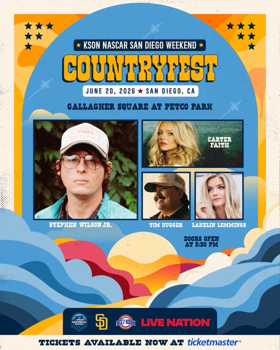 Graphic announcing KSON NASCAR San Diego Weekend Countryfest on June 20 at Gallagher Square at Petco Park in San Diego. Featuring Stephen Wilson Jr, Carter Faith, Tim Dugger, and Lakelin Lemmings.