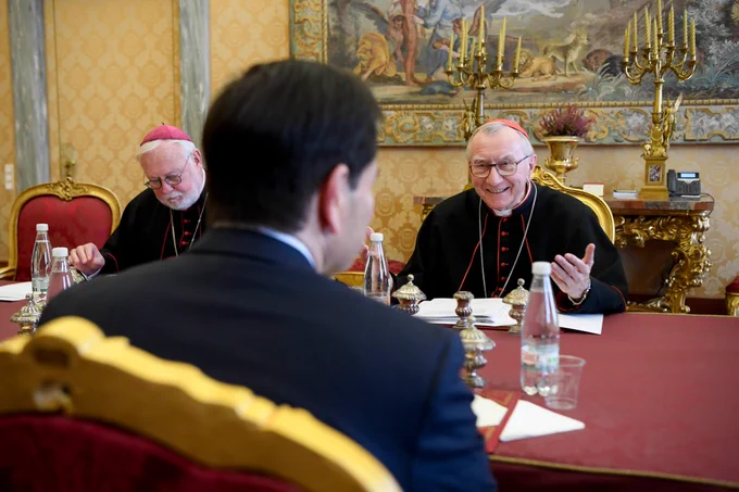 Secretary Rubio meets with Holy See Secretary of State Cardinal Pietro Parolin in Vatican City, the Holy See, May 7, 2026. (© Vatican Media)