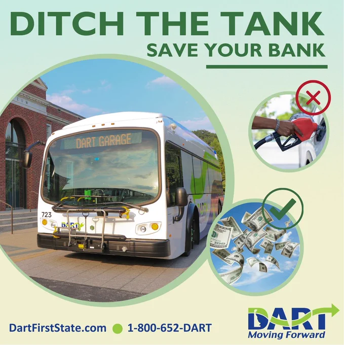 Green background with DART bus to the left and contact information at the bottom