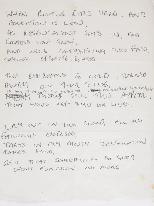 Handwritten lyric to 'Love Will Tear Us Apart' by Joy Division. Ian Curtis, c 1979. Image courtesy The University of Manchester
