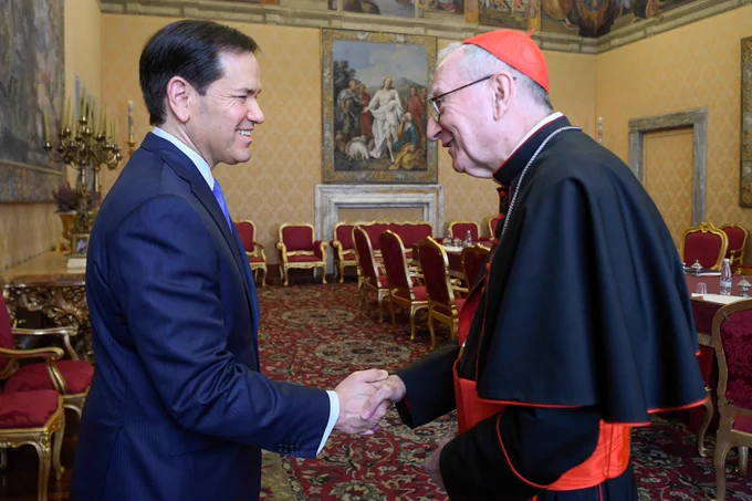 Secretary Rubio meets with Holy See Secretary of State Cardinal Pietro Parolin in Vatican City, the Holy See, May 7, 2026. (© Vatican Media)