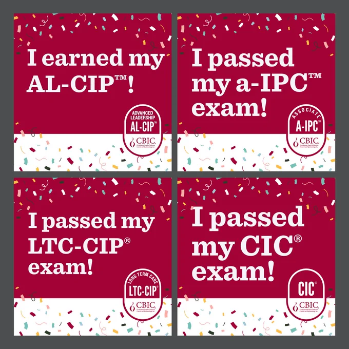 Four graphics with confetti showcasing the earning of a CBIC certification.
