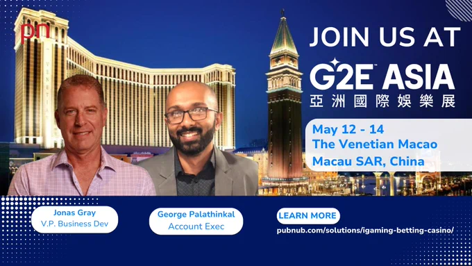 Promotional image for G2E Asia at The Venetian Macao, featuring two participants with text details.