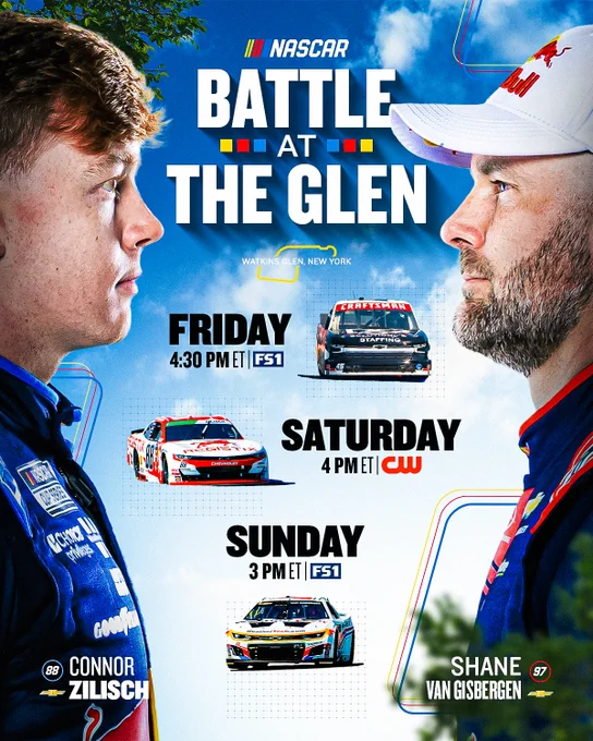 A graphic highlighting that Connor Zilisch and Shane van Gisbergen will compete in all three national series races at Watkins Glen. 