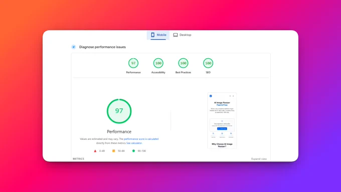 Page-Speed insights of ImageResizeAI