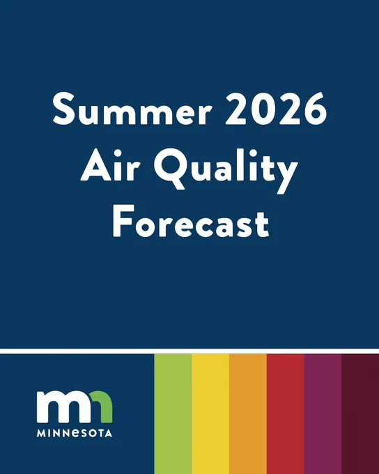 Blue background with text reading "summer 2026 air quality forecast." There are green, yellow, orange, red, purple, and maroon squares at the bottom of the image, indicating the different levels of air quality.