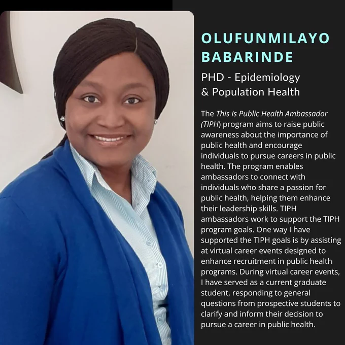 Olufunmilayo Babarinde with a quote about her experience as TIPH ambassador