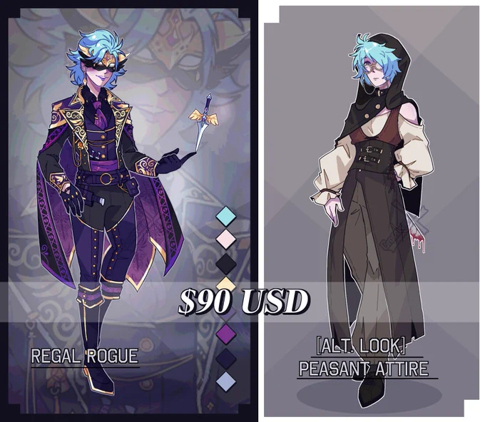 A digital illustration of a rogue that appear to of come from nobility, but really might be a peasant. The more "regal" appearance seems to be more masculine while their peasant one is androgynous that's more fem leaning.
In both pictures the viewer can see that their hair is blue with white skin. In the regal attire their face is covered by a golden mask that's inspired by wings. With their outfit of royal purple on it and black with golden accents and patterns. They're smug with a knife being balanced by the blade on their finger tip.
The Peasant attire is much more plain with their head being somewhat covered by a hood. Their eyes can actually be seen in this image and they're gray without shine. Their outfit now consists of more earthy tones throughout it. But behind their back appears to be a knife with blood dripping on it.