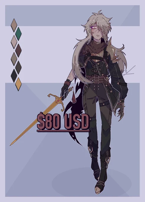 A digital illustration of a fighter that is inspired by TTRPGs such as DnD and Pathfinder with more laid back clothing and semi-armor. They have a stern look into their face while approaching the viewer and have their sword currently drawn. Their skin is slightly tan with dirty blond hair and their outfit contains more earthy tones with hints of red throughout it. 
Their Jacket seems to be a half jacket and underneath the sleeve an armored gauntlet can be seen on them with claws. 