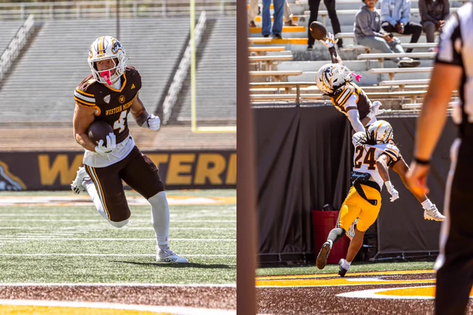 Two images of Western Michigan football players. On the left, a player in a brown and gold uniform runs with the ball across the field. On the right, a player in a similar uniform leaps while catching a pass near the sideline. Both images show action during the Spring Showcase.