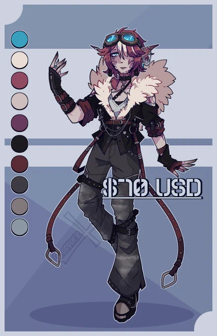 A digital illustration of an elf with red hair and face tattoos. Their eyes are a bright blue similar to their goggles. Their black jacket has a big thing of fluff around the collar that's more of a beige color. The jacket itself seems to be more held together by a red belt around their waist with more belts coming from it around the back half of their body with more belts coming from it to be similar to tails. They also have worn gray pants on. 
Their shoulder's are revealed showing some more tattoos. 