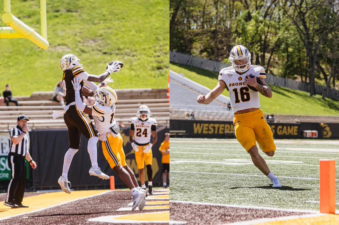 Two photos of Western Michigan football players at the Spring Showcase. On the left, a player makes a leaping catch in the end zone while being defended. On the right, another player runs toward the end zone with the ball.