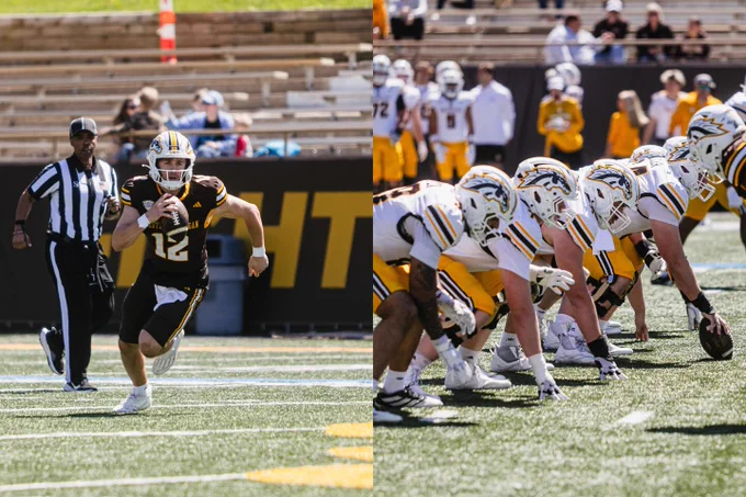 Two images of Western Michigan football players during the Spring Showcase. On the left, a player in a brown and gold uniform runs with the ball while an official watches. On the right, players in white and gold uniforms are lined up on the field.