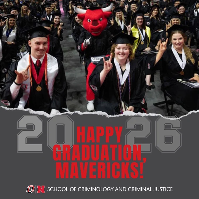 Dark gray background. Upper half of post is graduation photo with three students in graduation garb seated in chairs in the forefront with mascot Durango dressed in graduation garb seated behind them. Text reads: Happy Graduation, Mavericks! 20 is to the left of the words and 26 is to the right of the words. SCCJ logo at bottom.