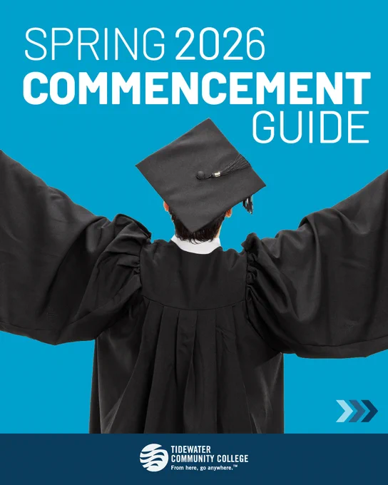 A person in a graduation cap and gown holds up their arms. The text reads "Spring 2026 Commencement Guide." The logo for Tidewater Community College is at the bottom.