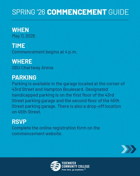 Informational flyer for Spring '26 Commencement Guide at Tidewater Community College. Event date is May 11, 2026, starting at 4 p.m., located at ODU Chartway Arena. Parking details include locations at the corners of 43rd Street and Hampton Boulevard, with designated handicapped parking on the first floor of the 43rd Street parking garage and the second floor of the 45th Street parking garage. Includes an RSVP note to complete the online registration form on the commencement website.