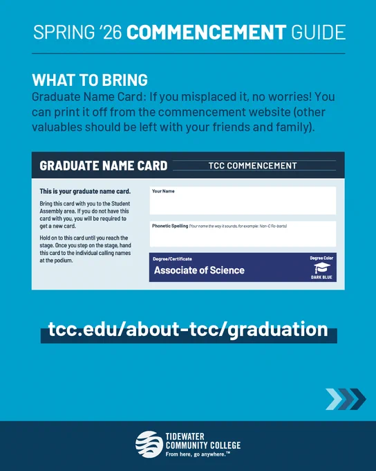 Spring '26 Commencement Guide from Tidewater Community College. The image explains what to bring: a Graduate Name Card. Instructions are provided for printing a replacement if needed. The bottom features a URL: tcc.edu/about-tcc/graduation.