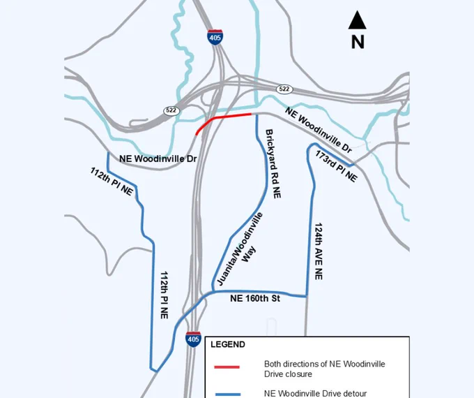A detour map for the closure, marked in red, of East Riverside Drive/Northeast Woodinville Drive at the I-405 interchange in Bothell. Marked in blue are the signed detours, which uses 112th Place Northeast, Northeast 160th Street, Juanita/Woodinville Way, Brickyard Road Northeast, 124th Avenue Northeast, and 173rd Place Northeast to get around the closure points.