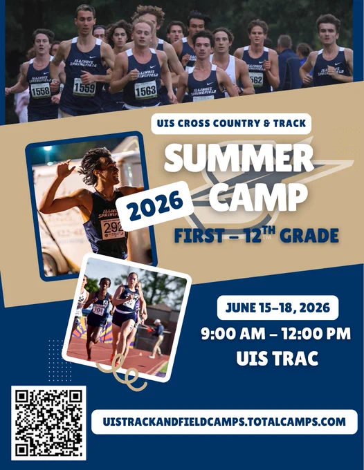 UIS CROSS COUNTRY AND TRACK SUMMER CAMP. Open to all first through 12th graders. It will take place on June 15-18th at UIS TRAC. Sign up in our bio!