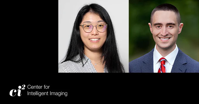 Two people are shown side by side against separate backgrounds. On the left, a person with long dark hair and glasses is wearing a patterned top. On the right, another person with short hair is wearing a suit with a red and blue striped tie. Below their images is the logo for the Center for Intelligent Imaging in white text.