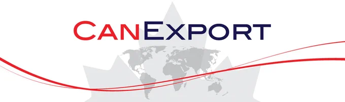 Logo with the word "CanExport" over a map of the world, featuring red and blue colors. Wavy red lines are beneath the text.