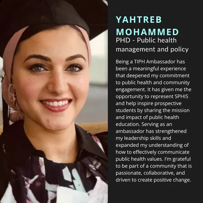 Yahtreb Mohammed with a quote about her experience as TIPH ambassador