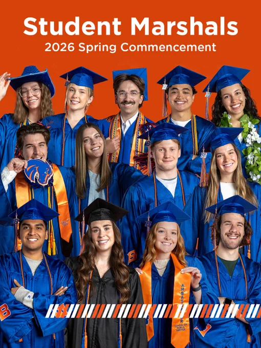 Collage of Boise State student marshals wearing graduation regalia for the Spring 2026 commencement. 
