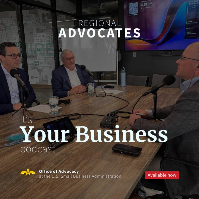 Three professionals recording a podcast titled 'Regional Advocates' at a conference table with microphones and recording equipment.