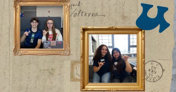 A collage featuring two framed photos on a textured background. The first frame shows two individuals sitting side by side with a laptop, each holding a small object. The second frame depicts two smiling individuals sitting closely, gesturing with their hands. Blue and red accents are seen on their attire. A blue puzzle piece and vintage postcard elements adorn the background.