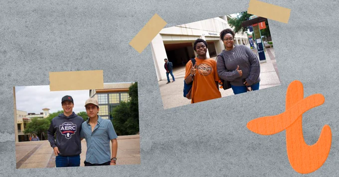 Two pairs of smiling individuals are featured in separate photos taped to a textured background. The left photo shows two people outside a university building, one wearing a gray shirt and the other a cap and dark jacket. The right photo depicts two people standing on a pathway, both giving thumbs up, with trees and a building visible in the background. An orange "t" symbol is in the bottom right corner.